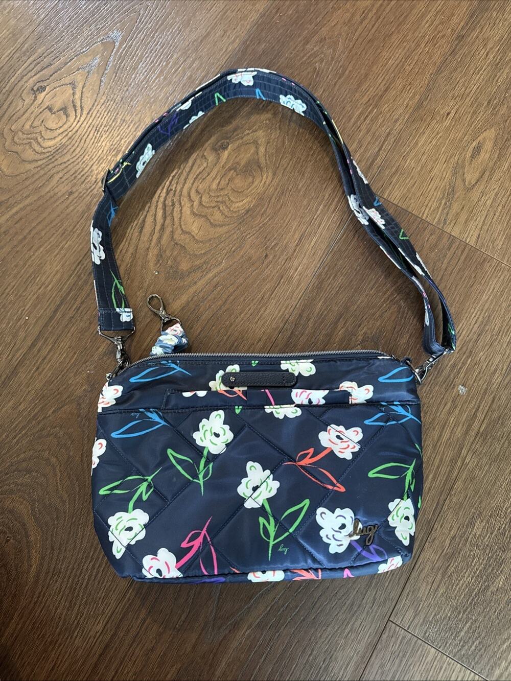 Lug Flare 2 Quilted Crossbody Bag Bright Floral Navy Neon Sketch Flower Purse